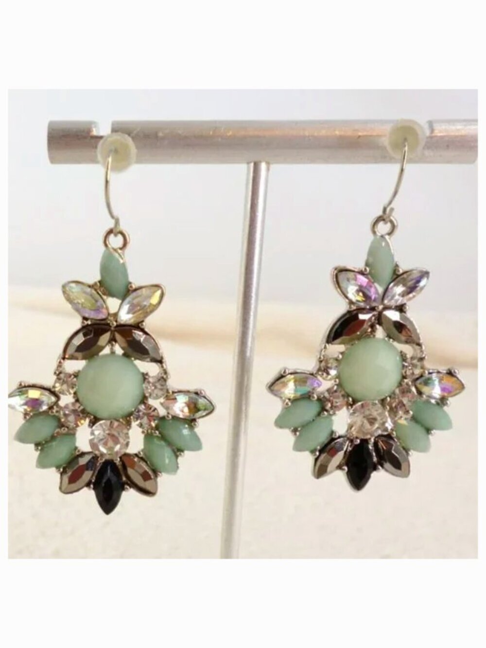 Drop Earrings Navette Crystals Green, Black & Aurora Borealis 2.25" NWOT 16381